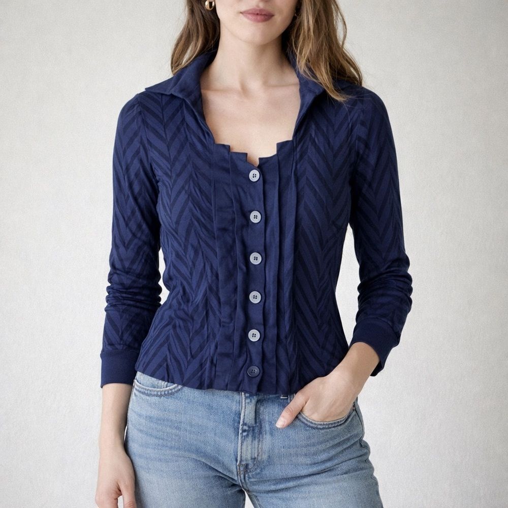 Naracamicie Navy Chevron Button Front Blouse Italy Made Preppy Artsy Elevated M